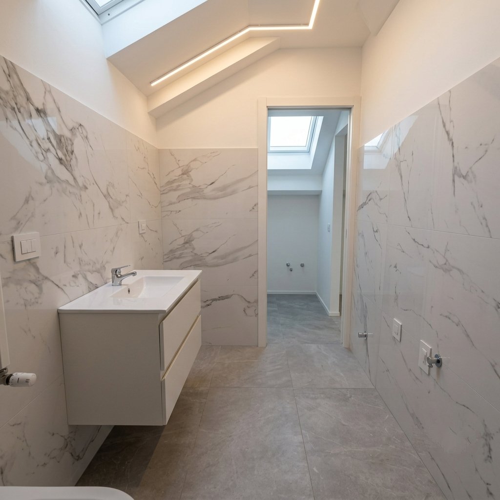 Bagno walk-in con grandi lastre effetto marmo realizzato a Torino