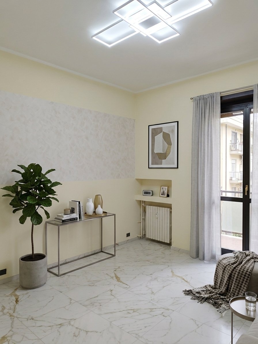 Sala moderna con velette in cartongesso e finiture materiche