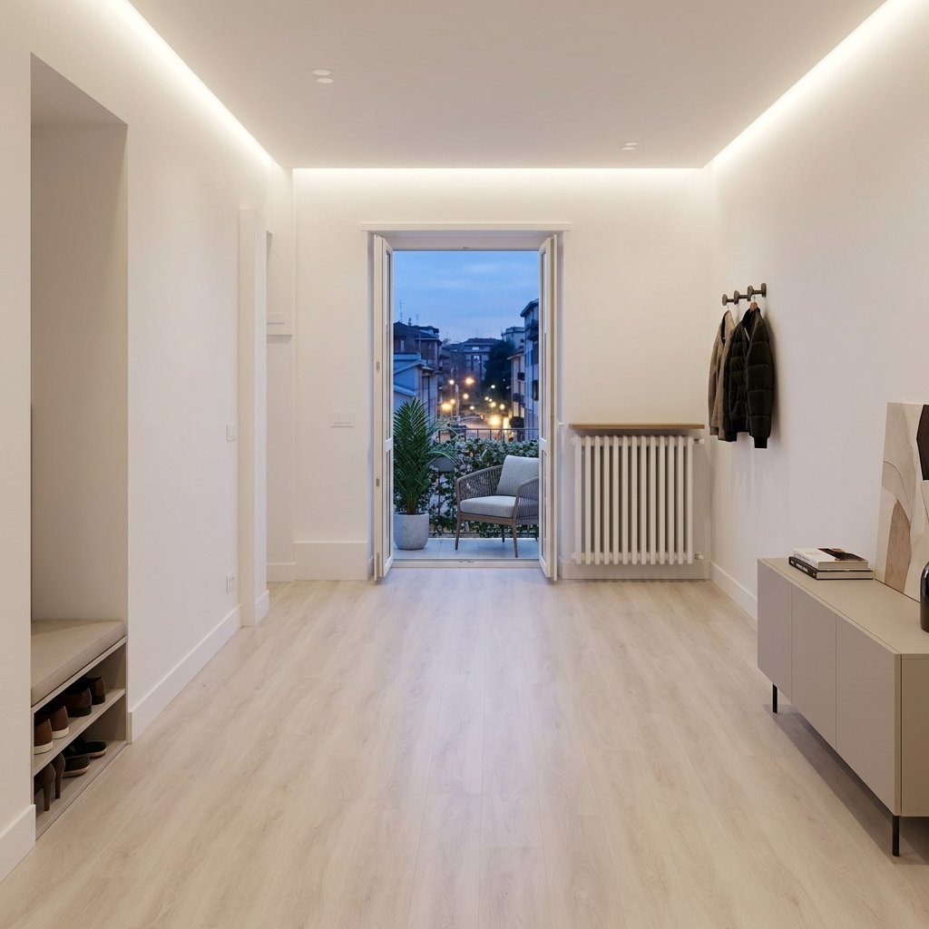 Soggiorno con pavimento effetto legno e impianti a norma
